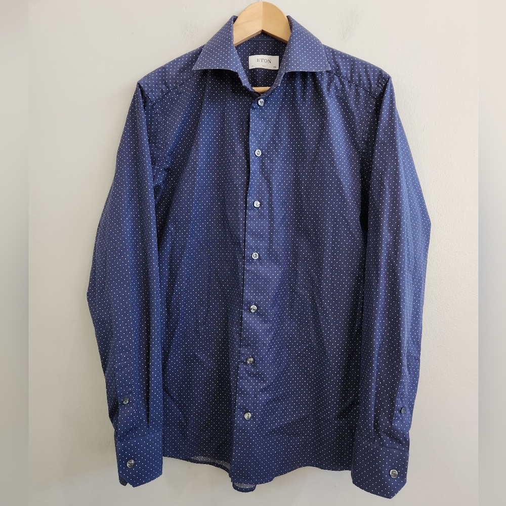 Eton Navy Blue Polka Dot Slim Fit Cotton Dress Shirt Men's Size 40 15 3/4